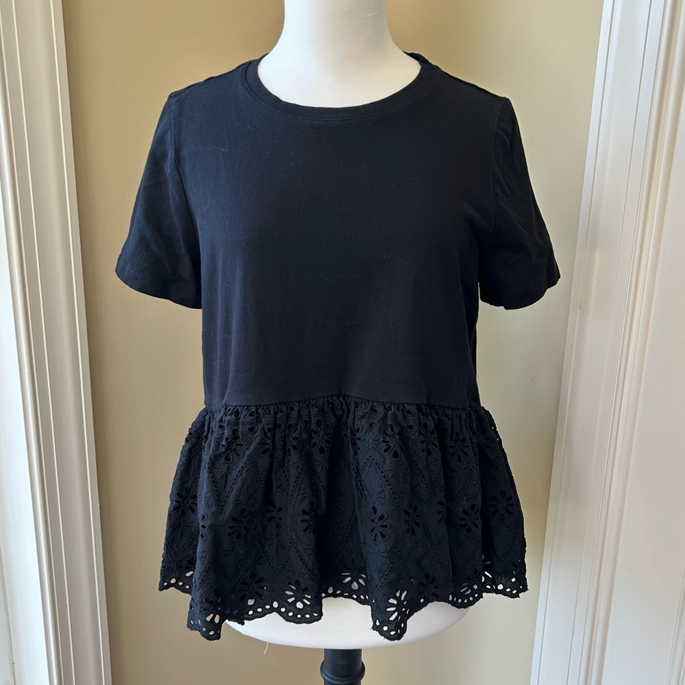 Kate Spade Broome Street Black T-Shirt with Eyelet Lace Peplum